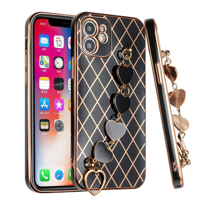 For Apple iPhone 11 (6.1") Electroplated Grid Diamond Lines with Hearts Chain Fashion Holder Hybrid Design TPU Hard PC  Phone Case Cover