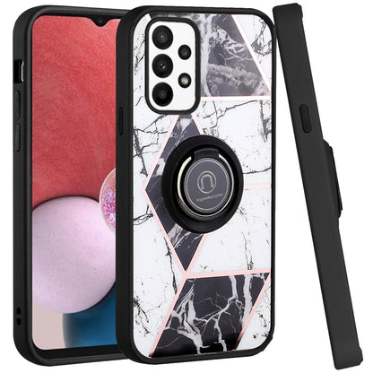 For Samsung Galaxy A13 4G 2022 Marble Design with Magnetic Ring Kickstand Holder Hybrid TPU Hard PC Shockproof Armor Classy Black Phone Case Cover