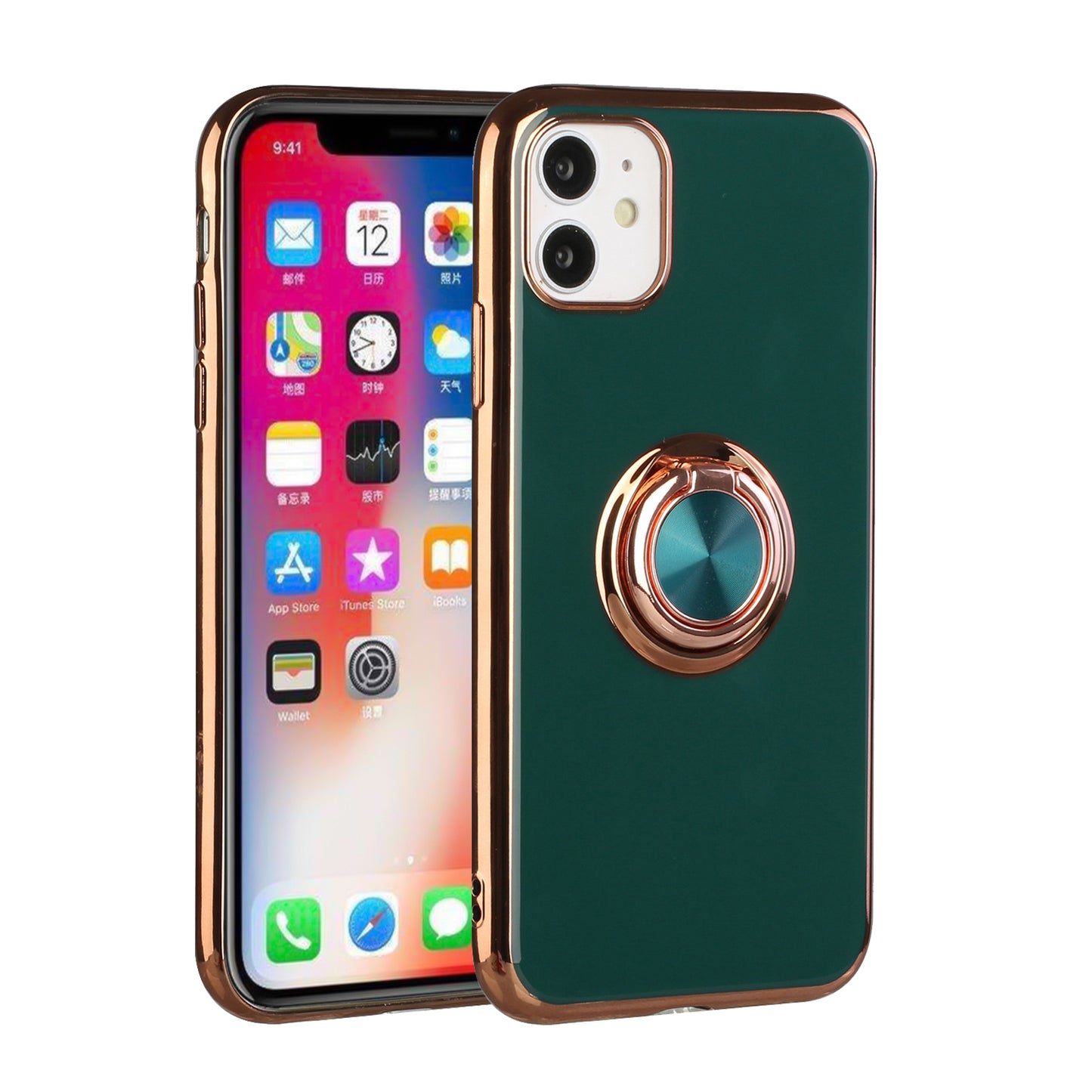 For Apple iPhone 11 (6.1") Slim Hybrid Metal Finger Ring Stand Electroplated Edges TPU Frame Shock-Absorption Bumper  Phone Case Cover