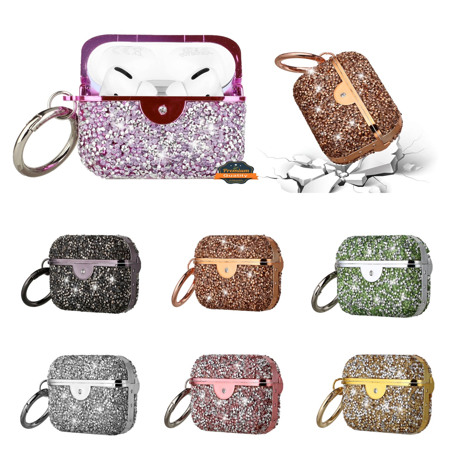 For Apple AirPods Pro Sparkly Diamond Shockproof Protective Premium Bling Rhinestone Glitter Skin with Hook Charging Cases Hard Carrying  Case Cover