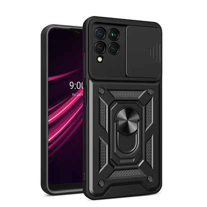 For T-Mobile Revvl 6 Pro 5G Hybrid Cases with Kickstand, Slide Camera Lens Protection + 360° Rotate Ring Stand Black Phone Case Cover