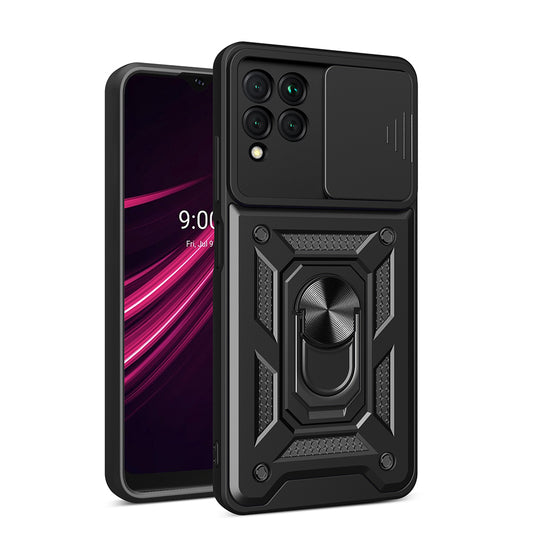 For T-Mobile Revvl 6 Pro 5G Hybrid Cases with Kickstand, Slide Camera Lens Protection + 360° Rotate Ring Stand Black Phone Case Cover