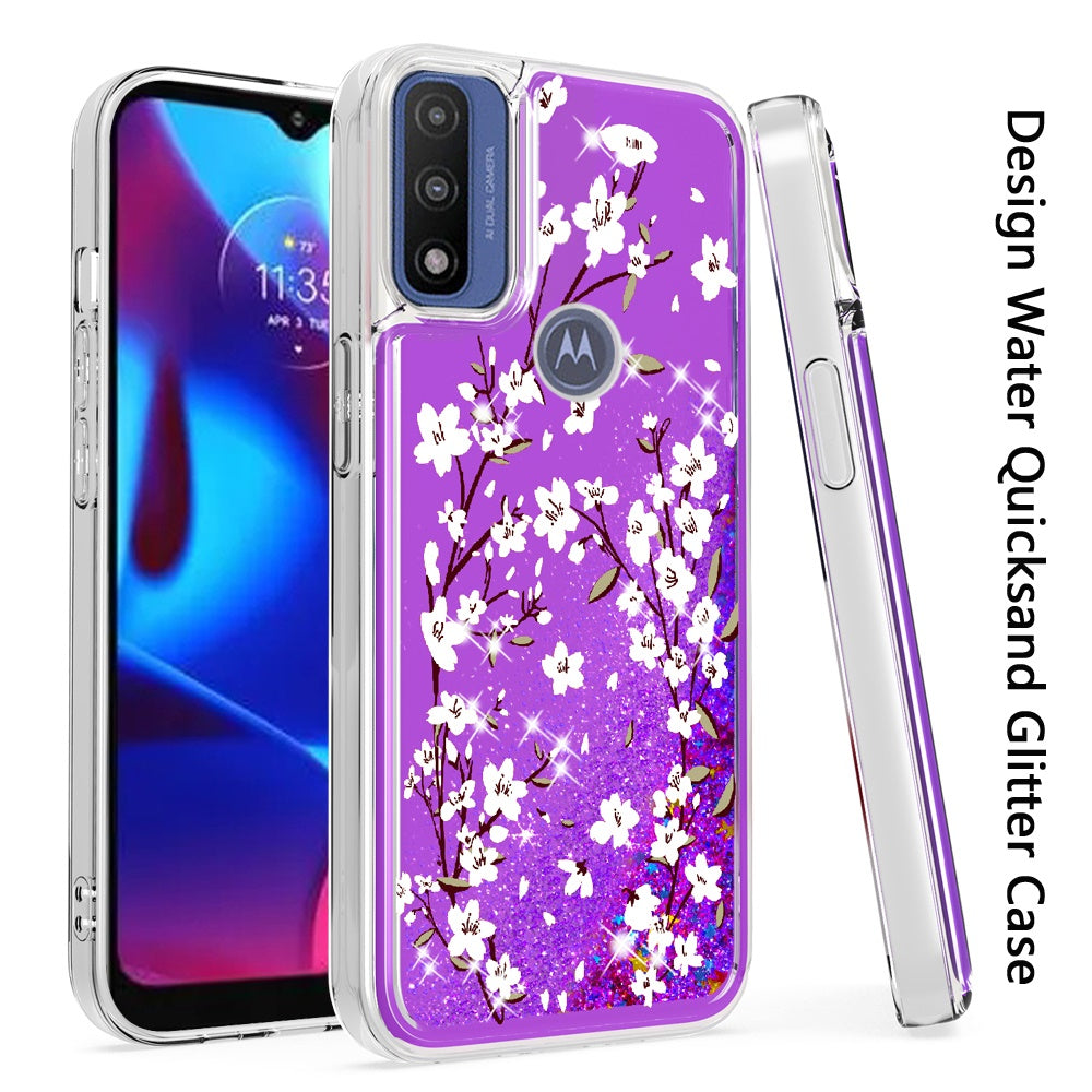 For Motorola Moto G Power 2022 Floral Design Quicksand Water Flowing Liquid Floating Sparkle Glitter Bling Flower Fashion Hybrid Hard  Phone Case Cover