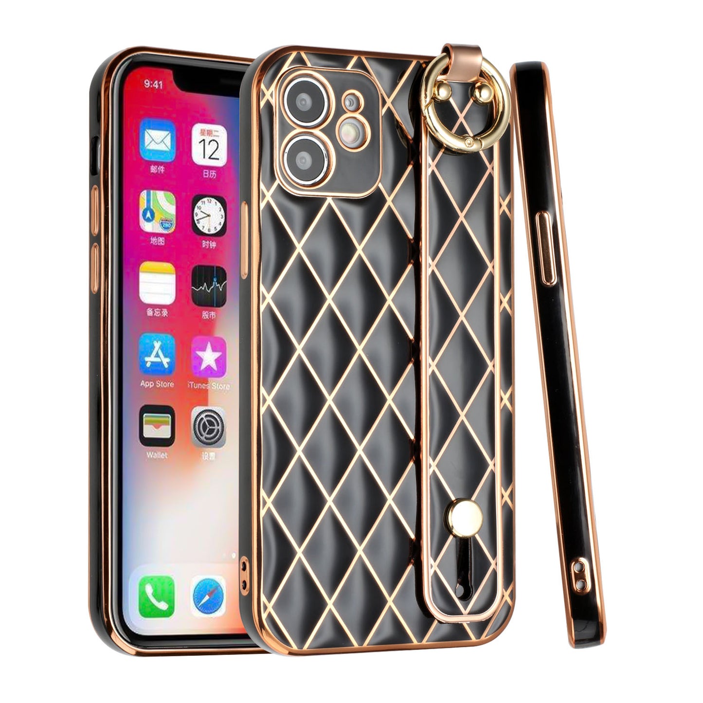 For Apple iPhone 11 (6.1") Chromed Grid Design with Strap Holder Fashion Hybrid Rubber TPU Hard PC Slim Fit  Phone Case Cover