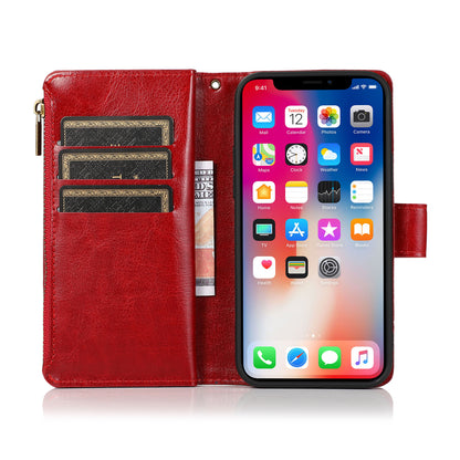 For Nokia C100 Luxury Leather Zipper Wallet Case 9 Credit Card Slots Cash Money Pocket Clutch Pouch with Stand & Strap Red Phone Case Cover