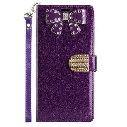 For Apple iPhone 11 (6.1") Wallet Bow Glitter Bling Ornament Shimmer with Credit Card Slot Pocket & Lanyard Strap  Phone Case Cover