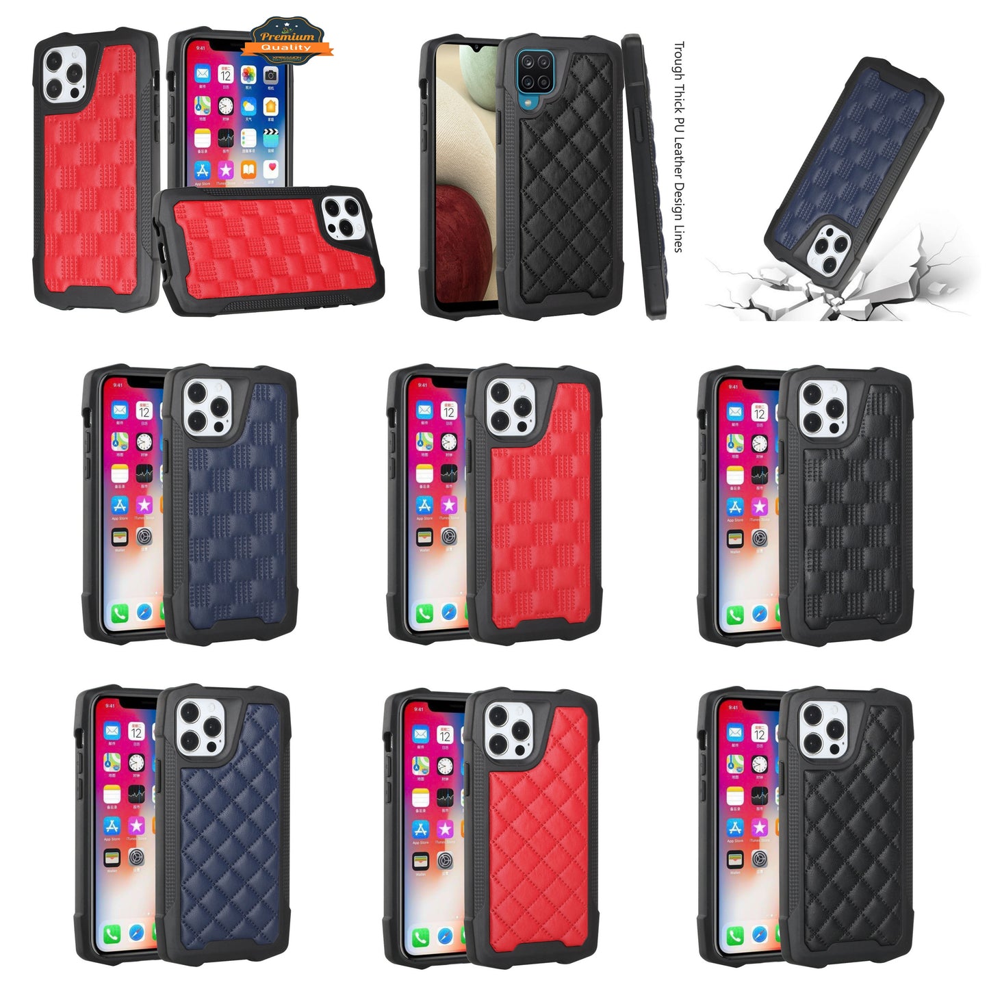 For Apple iPhone 13 Pro Max (6.7") PU Leather Design Lines Hybrid PC Hard Shockproof Armor Shell Bumper Soft Rubber Protection  Phone Case Cover