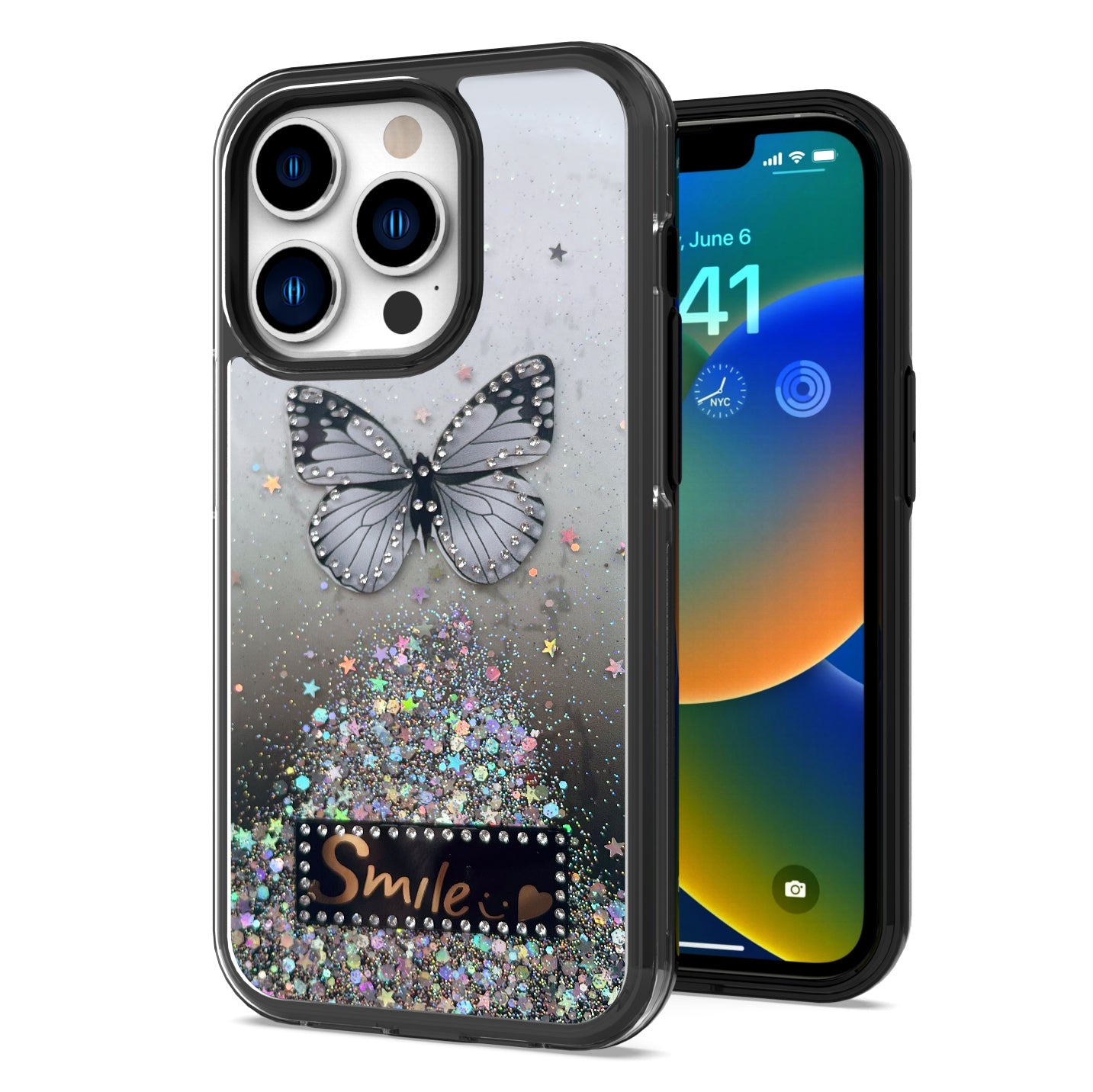 For Apple iPhone SE 3 (2022) SE/8/7 Butterfly Smile Glitter Bling Sparkle Epoxy Glittering Shining Hybrid Hard PC TPU  Phone Case Cover