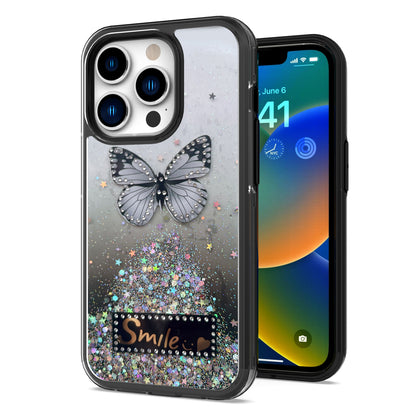 For Apple iPhone 11 (6.1") Butterfly Smile Glitter Bling Sparkle Epoxy Glittering Shining Hybrid Hard PC TPU Silicone Slim  Phone Case Cover