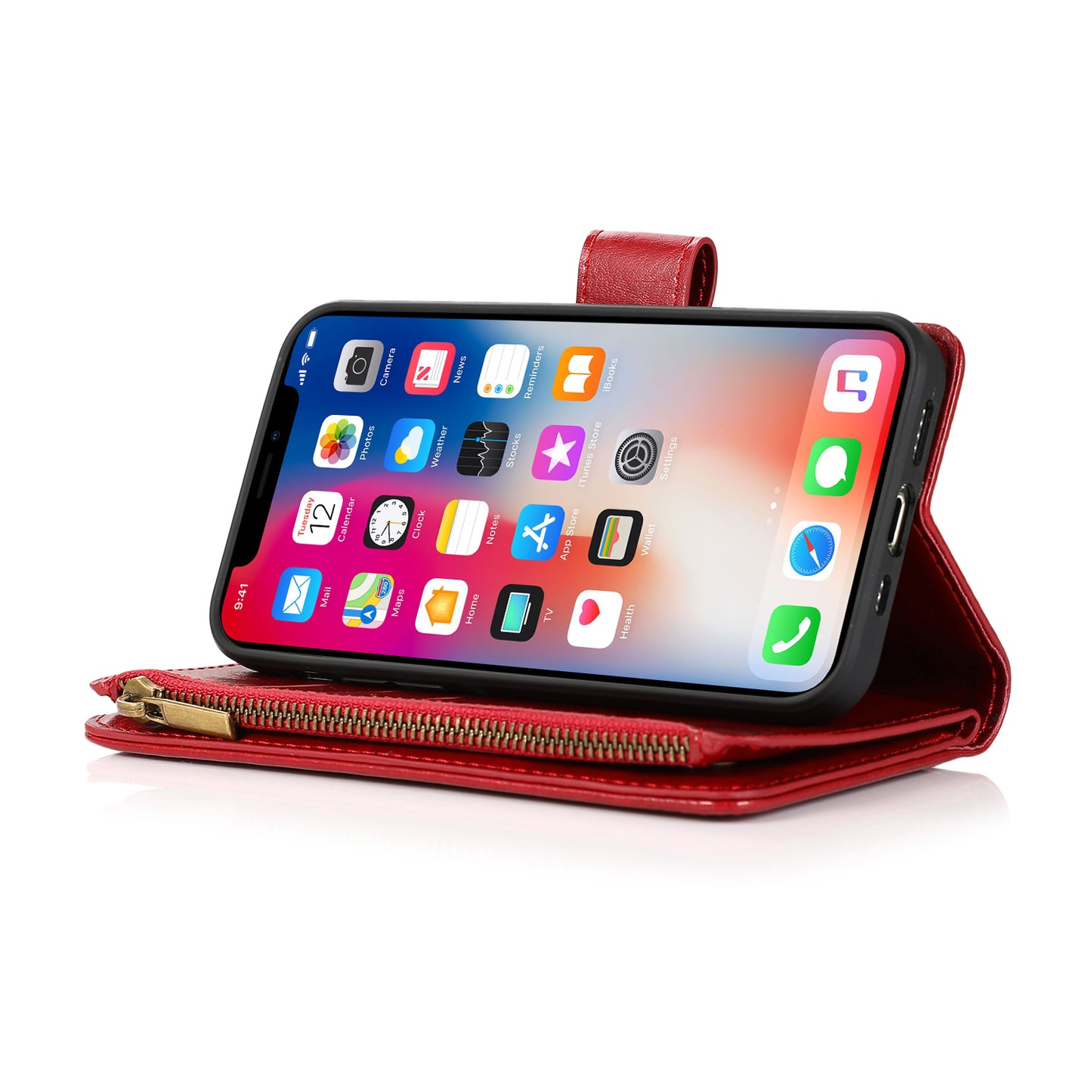 For OnePlus 10T 5G Leather Zipper Wallet Case 9 Credit Card Slots Cash Money Pocket Clutch Pouch with Stand & Strap Red Phone Case Cover