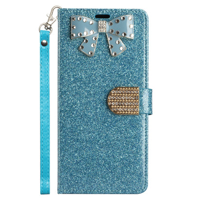 For Apple iPhone 11 (6.1") Wallet Bow Glitter Bling Ornament Shimmer with Credit Card Slot Pocket & Lanyard Strap  Phone Case Cover