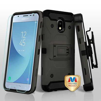 For Samsung Galaxy J3 (2018)/ Galaxy J3 Star/ Galaxy J3 PU Hybrid Armor with Belt Clip Holster Kickstand Hard PC Shockproof + Screen Protector Gray Phone Case Cover