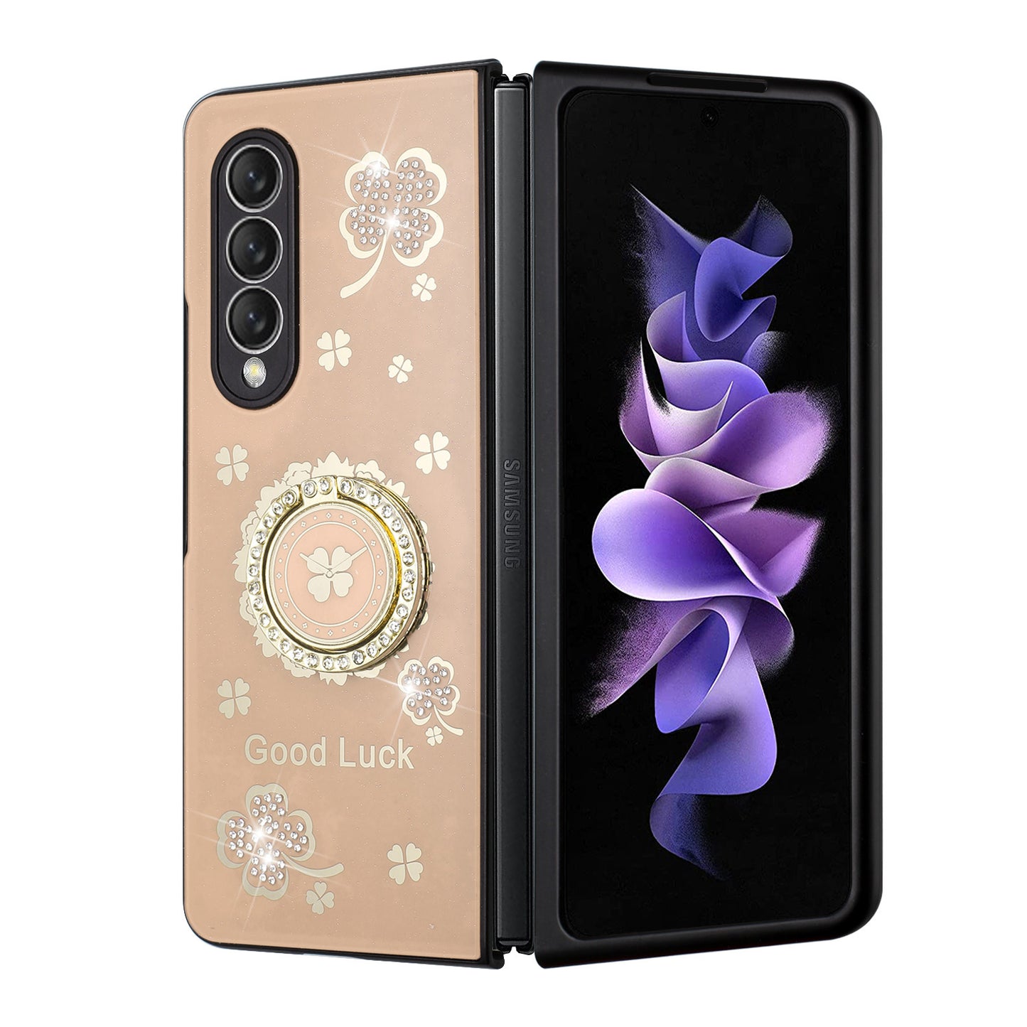 For Samsung Galaxy Z Fold 3 5G Diamond Bling Sparkly 3D Ornaments Engraving Hybrid Ring Stand Holder Fashion  Phone Case Cover