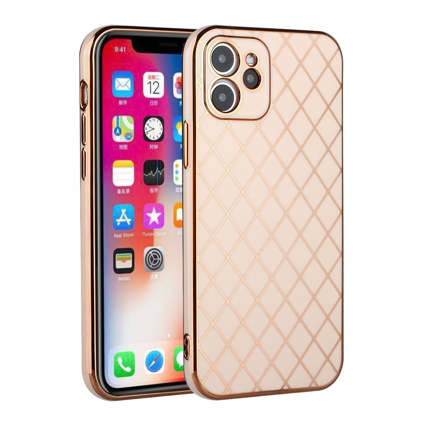 For Apple iPhone 11 (6.1") Electroplated Grid Diamond Gold Lines Fashion Hybrid Rubber TPU Hard PC Slim Fit  Phone Case Cover