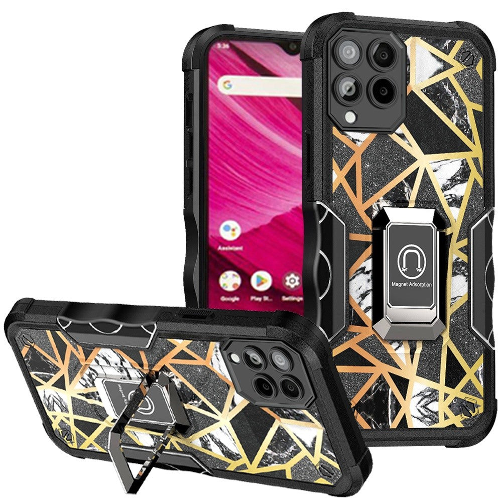 For T-Mobile Revvl 6 Pro 5G /Revvl 6 5G Marble IMD Design Hybrid with Magnetic Ring Stand Kickstand Heavy Duty  Phone Case Cover