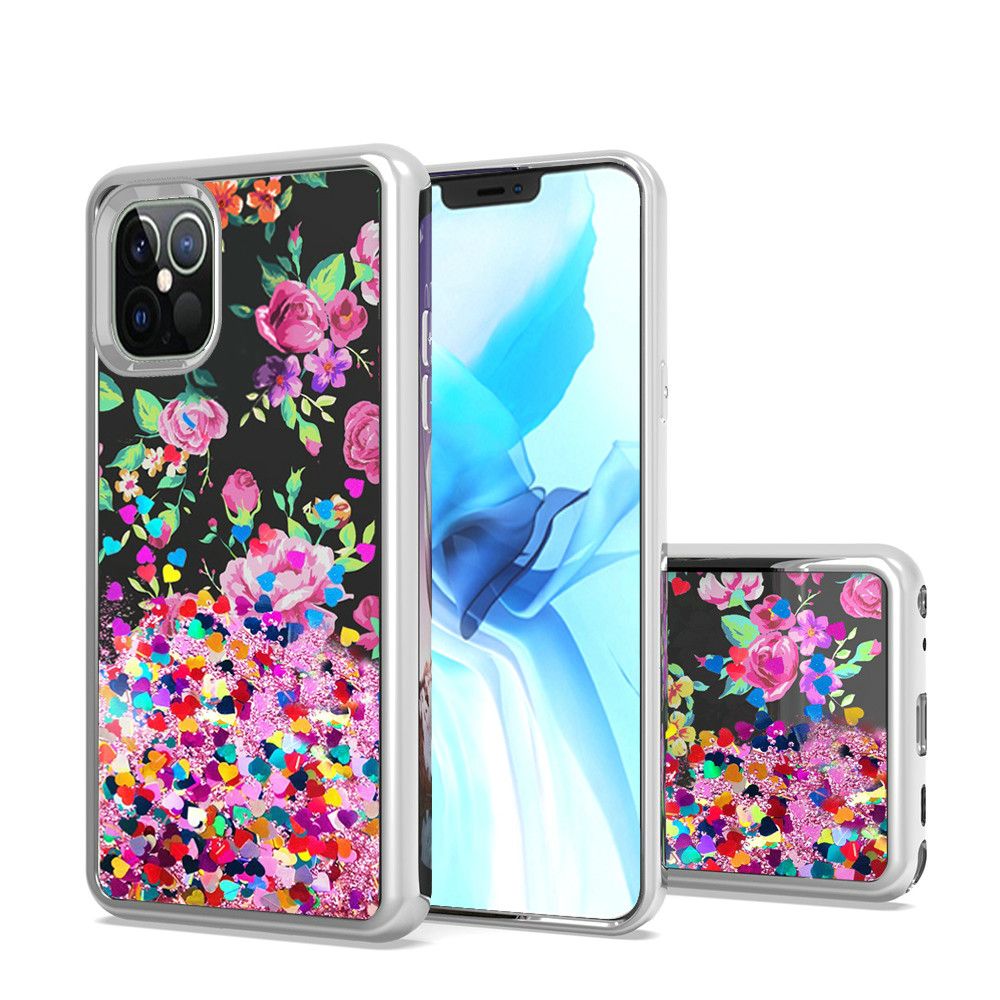 For Apple iPhone 13 Pro (6.1") Waterfall Quicksand Flowing Liquid Glitter Water Design Electroplating Bling TPU Hybrid Frame Protective  Phone Case Cover