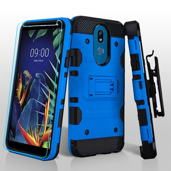 For LG K40 /Harmony 3 Hybrid Armor with Belt Clip Holster Kickstand Hard PC Shockproof &Tempered Glass Screen Protector Blue Phone Case Cover