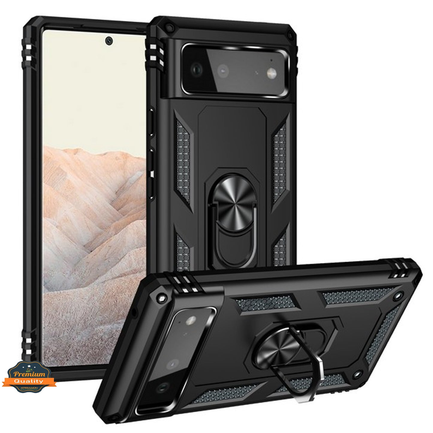 For Google Pixel 6A Shockproof Hybrid Dual Layer PC + TPU with Ring Stand Metal Kickstand Heavy Duty Armor Shell  Phone Case Cover