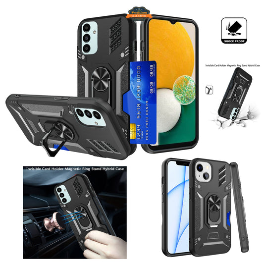 For Apple iPhone 11 (6.1") Wallet Case Hybrid Ring Stand with Invisible Credit Card Holder Heavy Duty Slim Rugged Hard Black Phone Case Cover