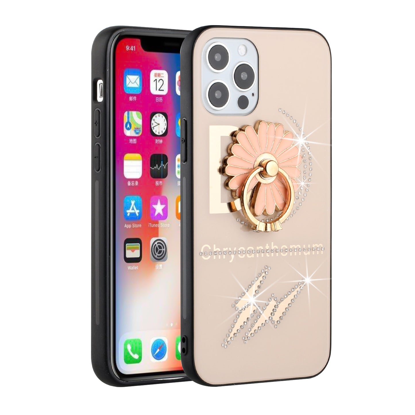 For Apple iPhone 13 Pro (6.1") Diamond Bling Sparkly Glitter Ornaments Engraving Hybrid Armor with Ring Stand Holder Rugged Fashion  Phone Case Cover