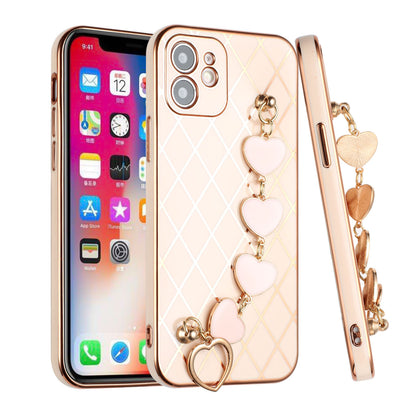 For Apple iPhone 11 (6.1") Electroplated Grid Diamond Lines with Hearts Chain Fashion Holder Hybrid Design TPU Hard PC  Phone Case Cover