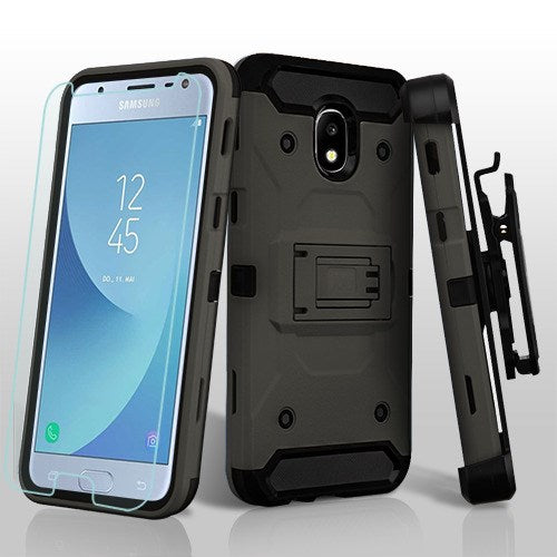 For Samsung Galaxy J3 (2018)/ Galaxy J3 Star/ Galaxy J3 PU Hybrid Armor with Belt Clip Holster Kickstand Hard PC Shockproof + Screen Protector Gray Phone Case Cover