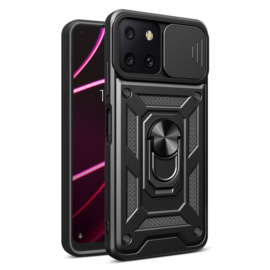 For T-Mobile Revvl 6 5G Hybrid Cases with Kickstand, Slide Camera Lens Protection + 360° Rotate Ring Stand Black Phone Case Cover