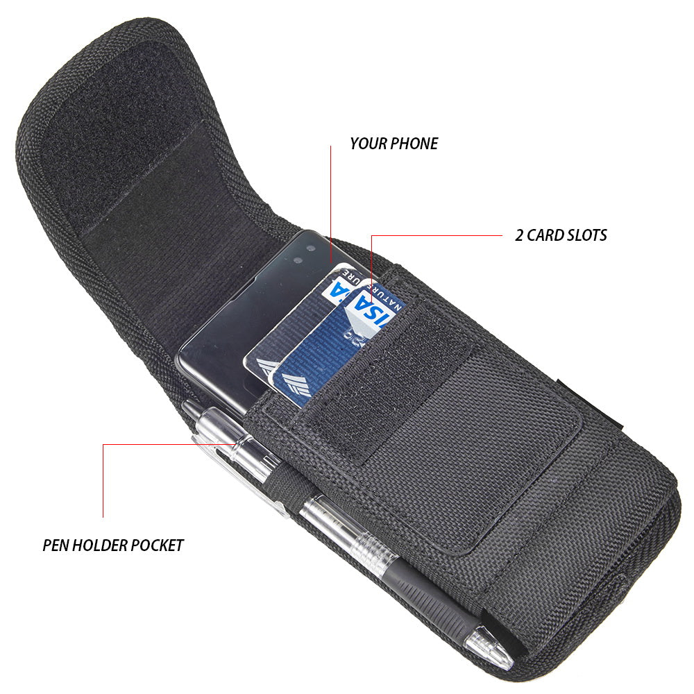 Universal Vertical Nylon Cell Phone Holster Case with Dual Credit Card Slots, Belt Clip Pouch and Belt Loop for Apple iPhone Samsung Galaxy LG Moto All Mobile phones Size 5.7" Universal Nylon [Black]