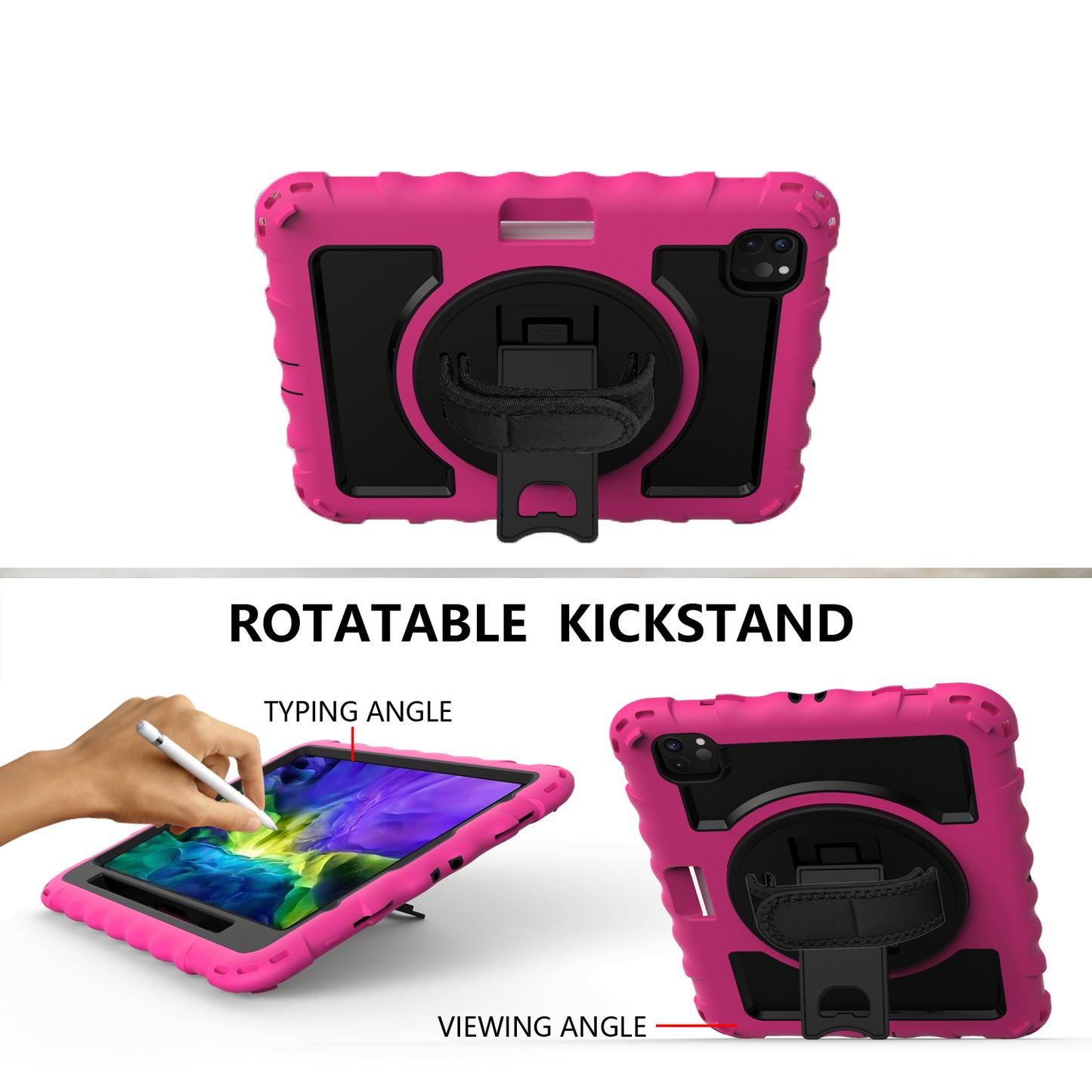 Case for Apple iPad Air 4 / iPad Air 5 / iPad Pro (11 inch) Hybrid 3in1 Armor Rugged with Built-in Kickstand 360° Rotatable Stand & Shoulder Hand Strap Corner Shockproof Hot Pink Tablet Cover