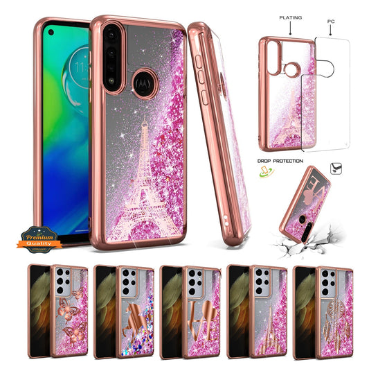 For Motorola Moto G Power 2022 Quicksand Liquid Glitter Bling Flowing Sparkle Fashion Hybrid Rubber TPU and Chrome Plating Hard  Phone Case Cover