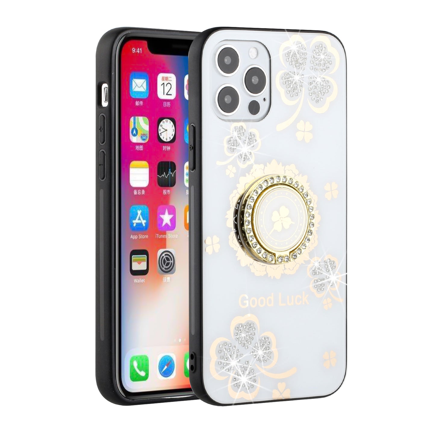 For OnePlus Nord N20 5G Diamond Bling Sparkly Glitter Ornaments Hybrid with Ring Kickstand Rugged Fashion White Good Luck Floral Phone Case Cover