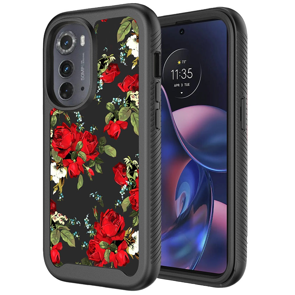 For Motorola Moto Edge 2022 Stylish Flower Design 2in1 Hybrid Armor Hard Rubber TPU Shockproof Front Frame  Phone Case Cover