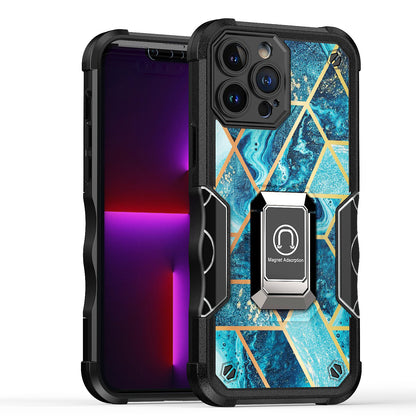 For Apple iPhone 11 (6.1") Marble IMD Stone Design Hybrid Armor with Magnetic Ring Stand Kickstand Heavy Duty Rugged  Phone Case Cover