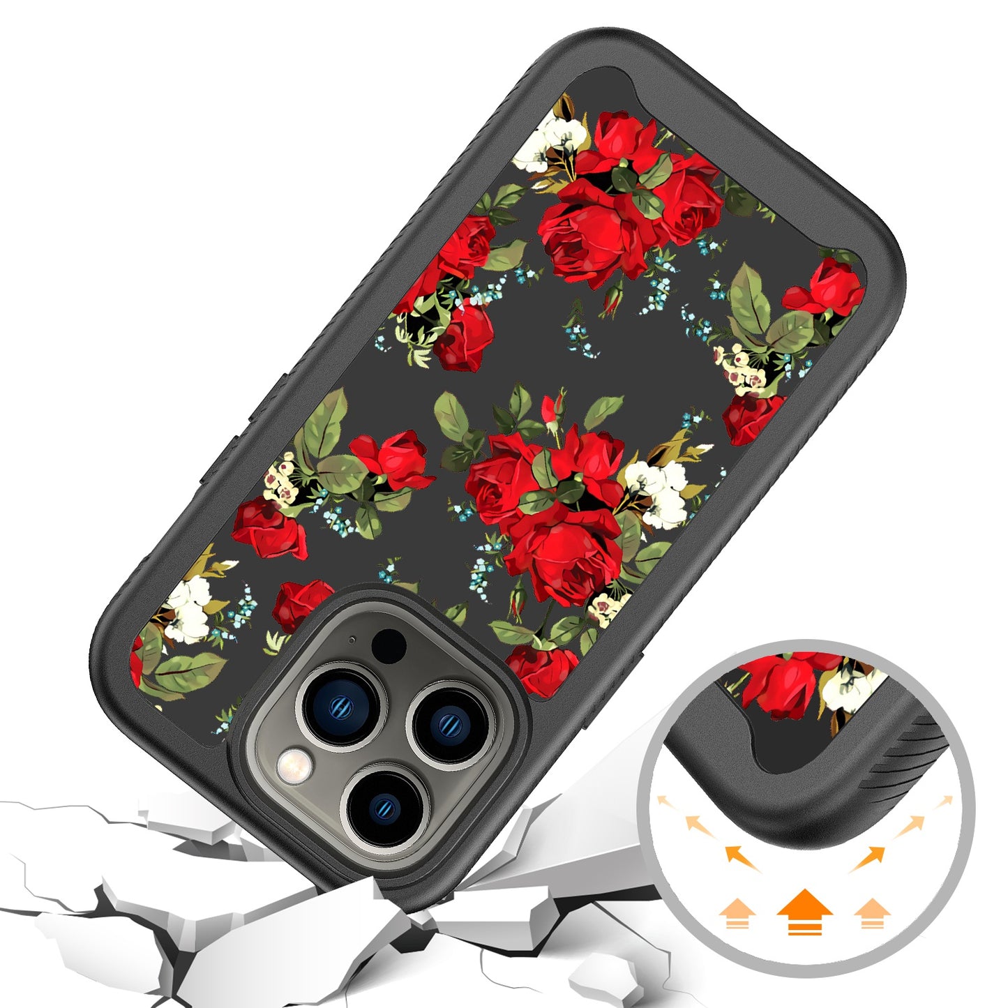 For OnePlus 10T 5G Stylish Flower Design 2in1 Hybrid Dual Layer Armor Hard PC Rubber TPU Shockproof Front Frame Black Red Roses Phone Case Cover