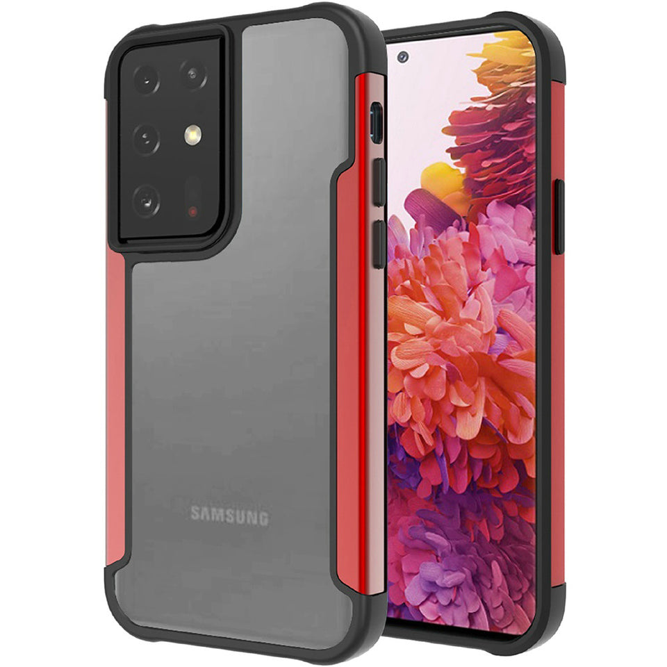 For Samsung Galaxy A02s Hybrid Aluminum Alloy Metal Clear Transparent Back PC TPU Bumper Shockproof Red Phone Case Cover