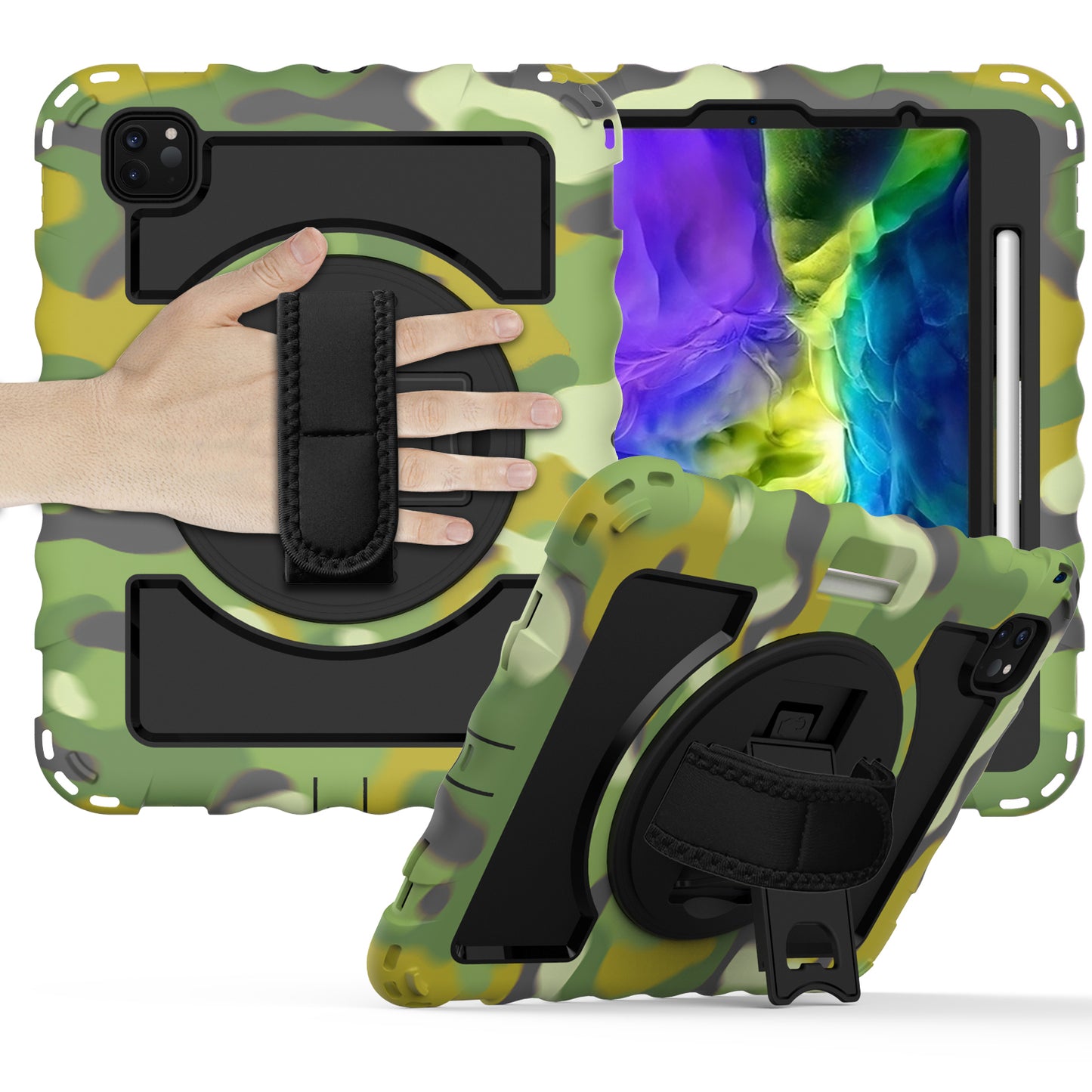 Case for Apple iPad Air 4 / iPad Air 5 / iPad Pro (11 inch) Hybrid 3in1 Armor Rugged with Built-in Kickstand 360° Rotatable Stand & Shoulder Hand Strap Corner Shockproof Camouflage Tablet Cover