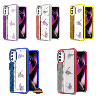 For Motorola Moto G 5G 2022 Butterflies Design Bling Glitter Shockproof Hybrid Soft TPU Frame and Hard PC Back Slim  Phone Case Cover