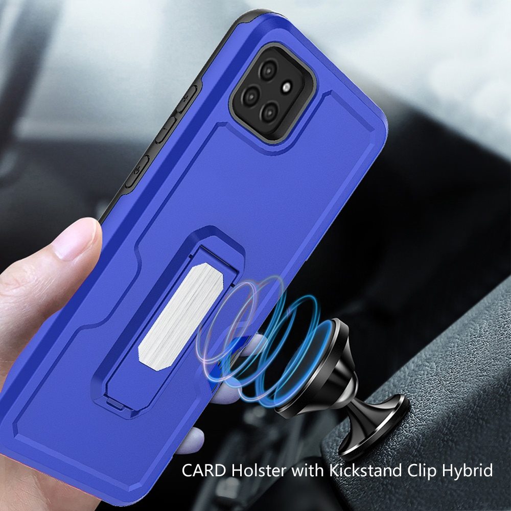 For Samsung Galaxy A22 5G Armor Belt Clip with Credit Card Holder, Holster, Kickstand Protective Full Body Heavy Duty Hybrid Blue Phone Case Cover