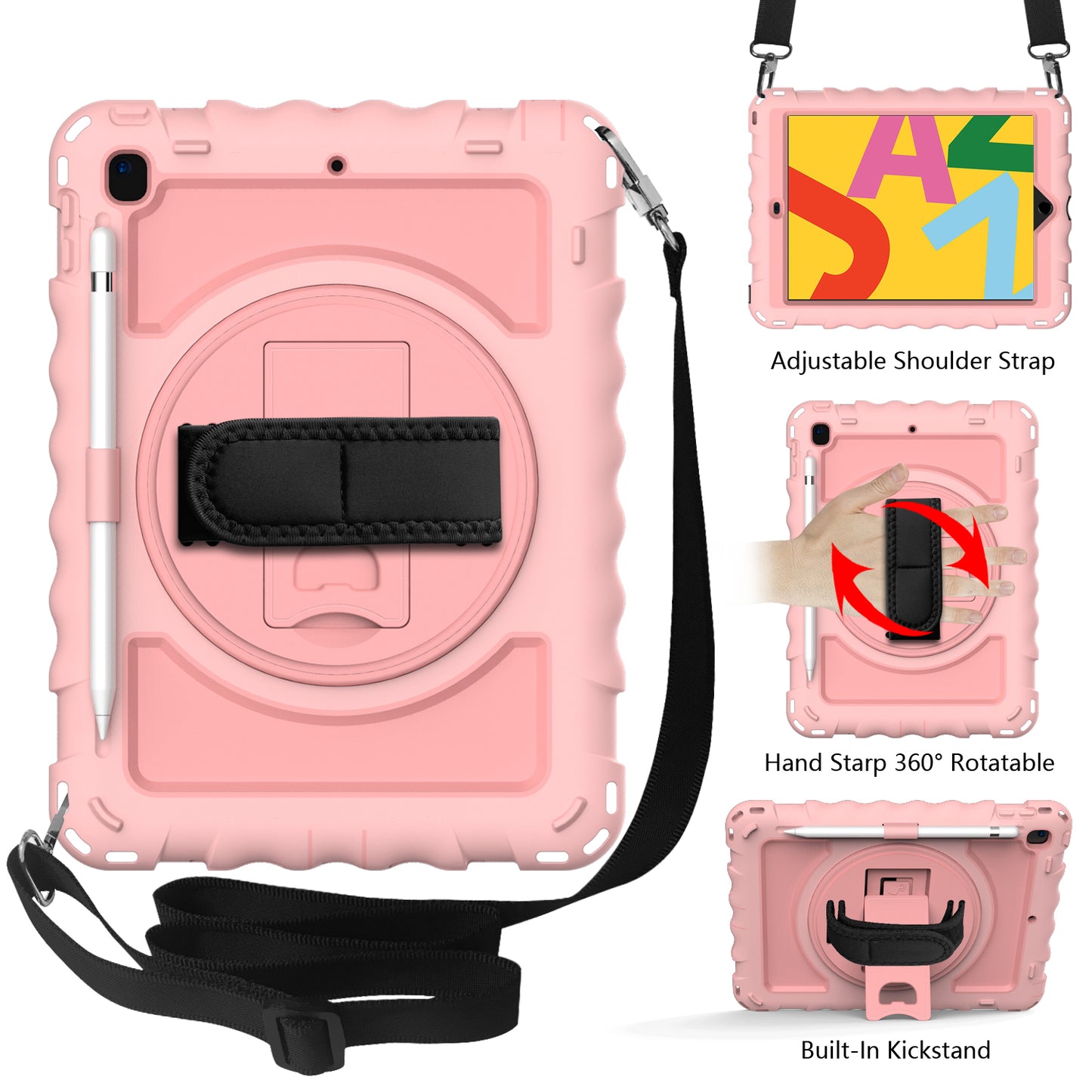 Case for Apple iPad Air 4 / iPad Air 5 / iPad Pro (11 inch) Hybrid 3in1 Armor Rugged with Built-in Kickstand 360° Rotatable Stand & Shoulder Hand Strap Corner Shockproof Rose Gold Tablet Cover