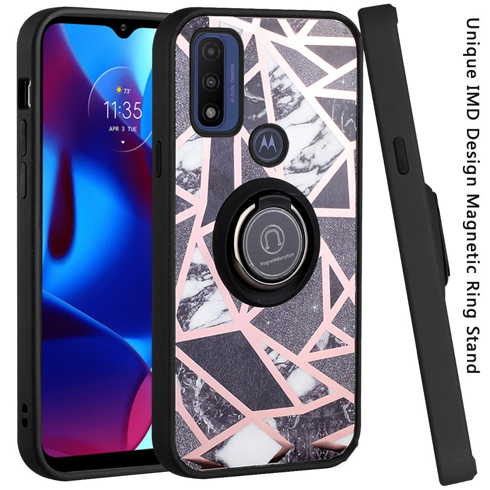 For Motorola Moto G Pure Unique Marble Design with Magnetic Ring Kickstand Holder Hybrid Soft TPU Hard PC Shockproof Armor  Phone Case Cover