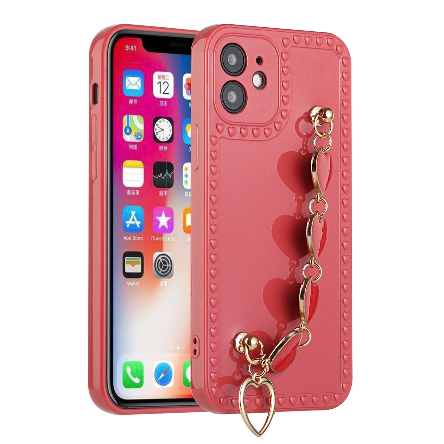 For Apple iPhone 12 Pro Max (6.7") Hybrid Soft TPU Rubber Cute Pattern with Love Heart Chain Wristband Bracelet Strap Protective  Phone Case Cover