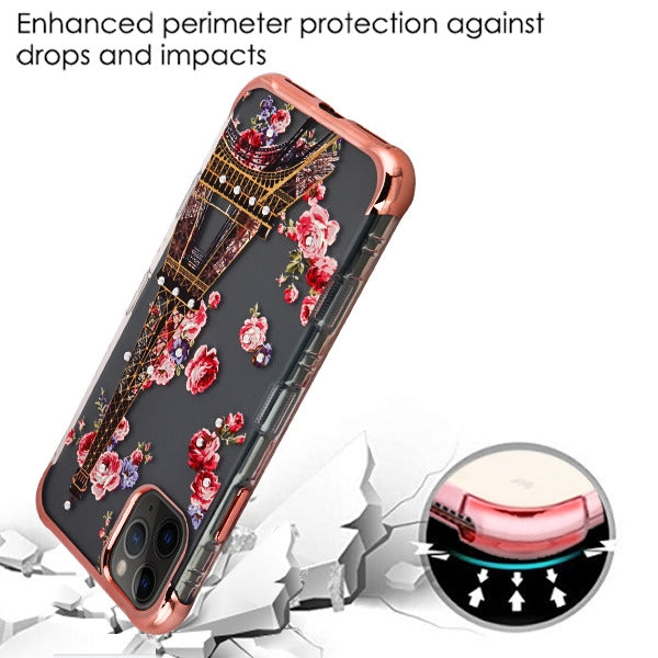 For Apple iPhone 11 Pro Stylish Design Bling Hybrid Rubber TPU Hard PC Shockproof Armor Rugged Slim Paris Flowers Bloom Phone Case Cover