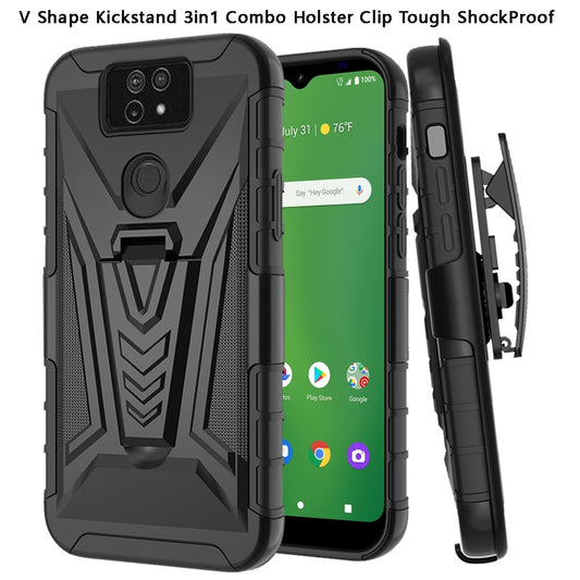 For Cricket Ovation 2 Premium 3 in 1 Rugged Swivel Belt Clip Holster Heavy Duty Tuff Hybrid Armor Rubber TPU with Kickstand Stand Black Phone Case Cover