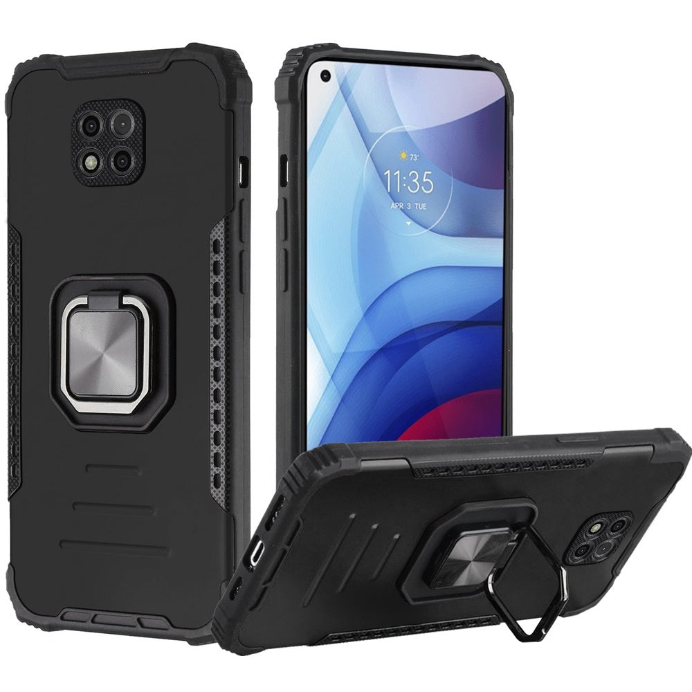 For Motorola Moto G Power 2021 Hybrid with Stand Ring Kickstand Bumper Shockproof Armor Heavy Duty Military Grade Hard Black Phone Case Cover