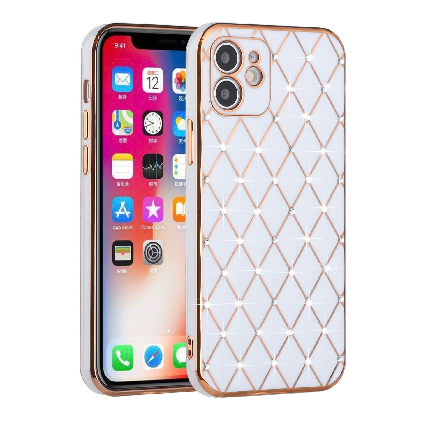 For Apple iPhone 11 (6.1") Luxury Diamonds on Electroplated Grid Design Rhinestone Protective TPU Hard PC  Phone Case Cover