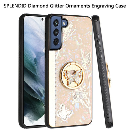 For Samsung Galaxy S22 /Plus Ultra Diamond Bling Sparkly 3D Ornaments Engraving Hybrid with Ring Stand Holder Rugged Fashion  Phone Case Cover