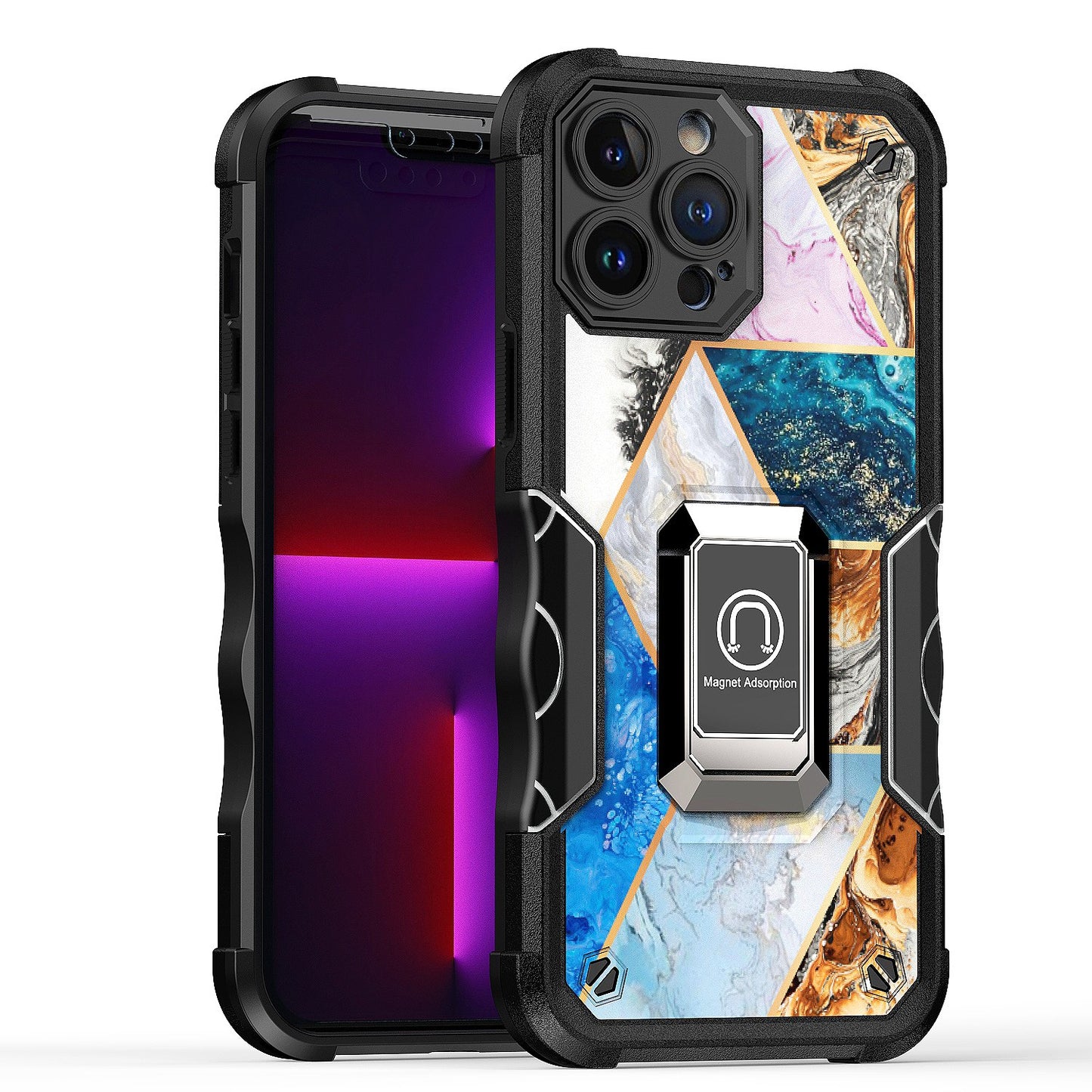 For Apple iPhone 11 (6.1") Marble IMD Stone Design Hybrid Armor with Magnetic Ring Stand Kickstand Heavy Duty Rugged  Phone Case Cover