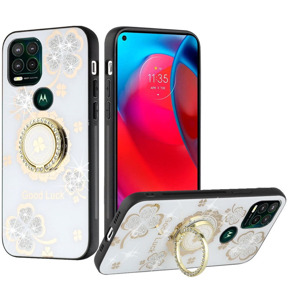 For OnePlus Nord N20 5G Diamond Bling Sparkly Glitter Ornaments Hybrid with Ring Kickstand Rugged Fashion White Good Luck Floral Phone Case Cover