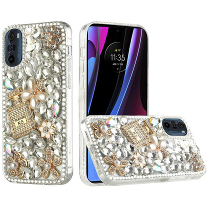 For Motorola Edge+ 2022 /Edge Plus Bling Clear Crystal 3D Full Diamonds Luxury Sparkle Rhinestone Hybrid Protective Pearl Flowers Perfume Phone Case Cover