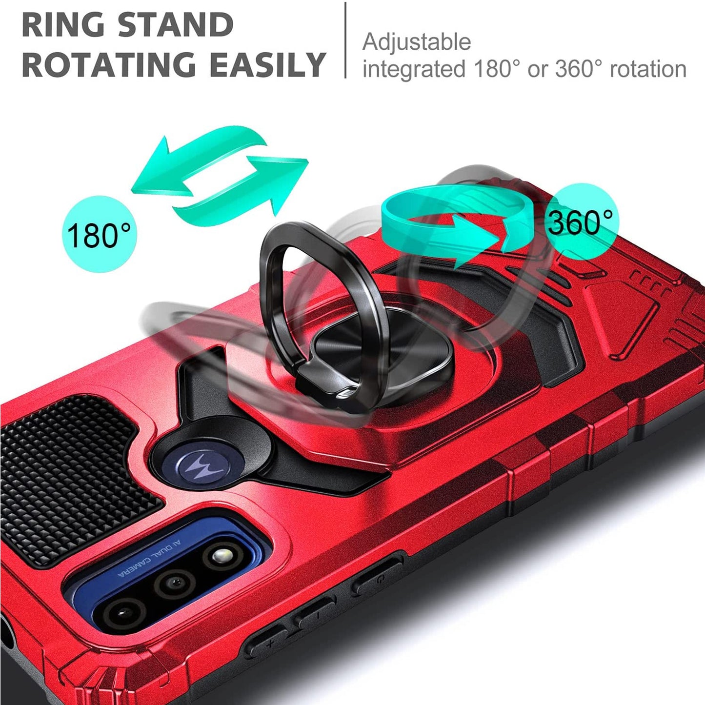 For T-Mobile Revvl 6 5G Armor Hybrid Stand Ring Hard TPU Rugged Full-Body [Military-Grade] Magnetic Car Ring Holder Red Phone Case Cover